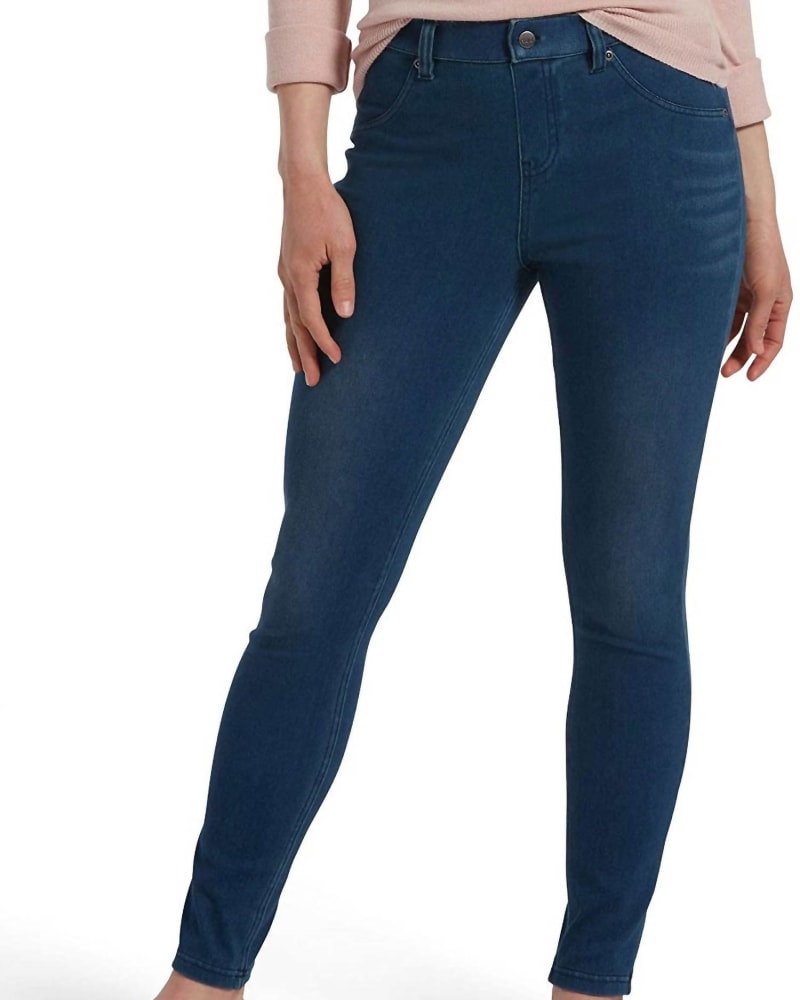 Front of a model wearing a size 3X Women'S Ultra Soft High Waist Denim Leggings in Windsor Blue Wash in Windsor Blue Wash by HUE. | dia_product_style_image_id:341482